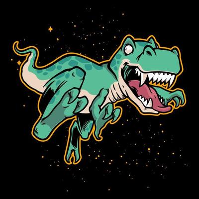 Hand drawn illustration of dinosaurs flying on outer space