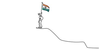 Continuous line of man bring india flag on mountain for republic day