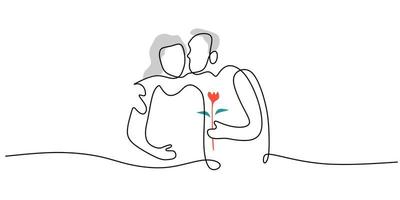 Continuous one single line of mature couple hugging with flower vector