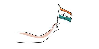 una sola línea continua de mano sosteniendo la bandera de la india vector