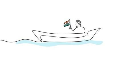 Continuous one line of man bring india flag on boat for republic day