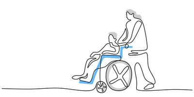 Continuous one single line of old man helping old woman on wheel chair vector