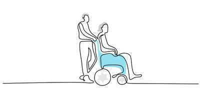 Continuous one single line of man helping woman on wheel chair vector