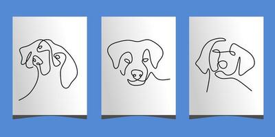 una sola línea continua de tres lindos carteles de cabeza de perro vector