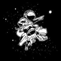 Hand drawn of astronaut riding dinosaurs on black space vector