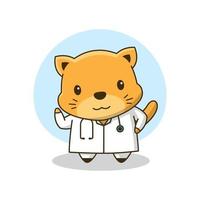 lindo doctor gato agitando la mano dibujos animados amigable salud de los niños vector