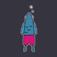 Funny sticker of a fish in pink shorts. Fish with a funny look. Good for postcards, stickers and children's books. Isolated. . vector