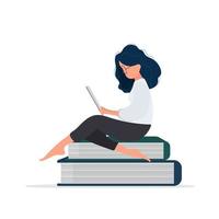 la niña está sentada sobre una montaña de libros. la mujer está leyendo un libro. aislado. vector. vector