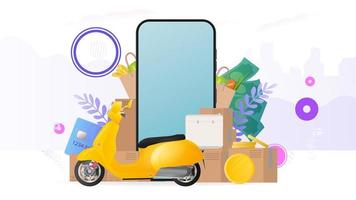 Collage on the theme of delivery. Yellow scooter with food rack, telephone, gold coins, cardboard boxes, paper bag with groceries. The concept of online ordering and delivery of food and shipping. vector