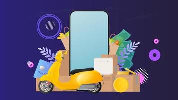 Collage on the theme of delivery. Yellow scooter with food rack, telephone, gold coins, cardboard boxes, paper bag with groceries. The concept of online ordering and delivery of food and shipping. vector