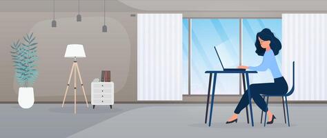 A woman is sitting at a desk in front of a window vector