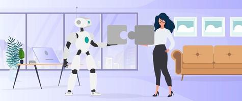 The girl and the robot are holding puzzle pieces. Teamwork concept. vector