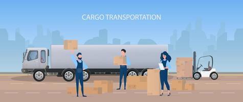 Freight banner. Big white truck. The concept of transportation, delivery and logistics of goods. Vector. vector