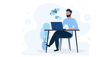 A man works on a laptop. The guy is sitting at the table with a laptop. Flat style. Good for image work, office, hiring staff. Vector illustration