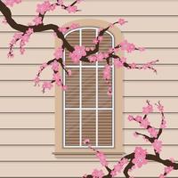 Semicircular window with flowers in a flat style. Window with shutters. Vector. vector