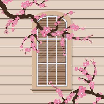 A window with pink blossoms and a branch vector