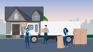 Moving from home. Loading cargo into the car. Movers carry boxes. The concept of moving and delivery. Truck, forklift, forklift. Vector.