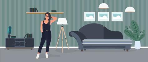 Brunette girl posing. Model in a stylish suit. Room, sofa, floor lamp, paintings on the wall, bookcase with books vector