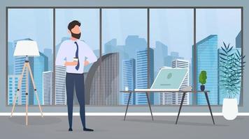 The boss is drinking coffee in his office. A man in trousers, a shirt and a tie. Office, floor lamp, workplace, laptop, indoor plant. Vector. vector