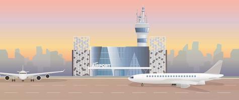 Modern airport. Runway. Airplane on the runway. Airport in a flat style. City silhouette. Vector illustration