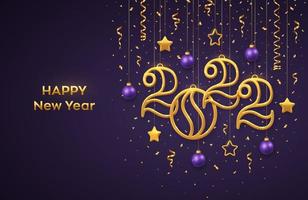 Happy New 2022 Year. Hanging Golden metallic numbers 2022 with shining 3D metallic stars, balls, confetti on purple background. New Year greeting card, banner template. Realistic Vector illustration.