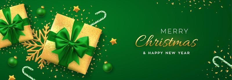 Christmas banner. Realistic gold gift boxes with green bow, gold stars, shiny golden snowflake, balls and candy canes. Xmas green background, horizontal poster, greeting card, header website. Vector.
