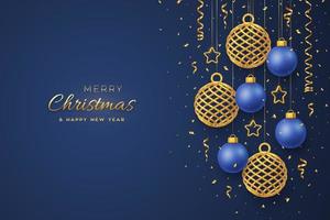Christmas banner with shining hanging gold and blue balls golden stars and with confetti on blue background. Greeting card with copyspace. New Year poster, cover template. Holiday decoration. Vector.