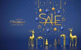 Christmas sale design banner. Hanging Golden metallic Sale letters with 3D stars, balls on blue background. Gift boxes, deers, golden metallic pine or fir, cone shape spruce trees. Vector illustration