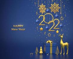 Happy New 2022 Year. Hanging golden metallic numbers 2022 with snowflakes, stars, balls on blue background. Gift box, gold deer and metallic pine or fir, cone shape spruce trees. Vector illustration.