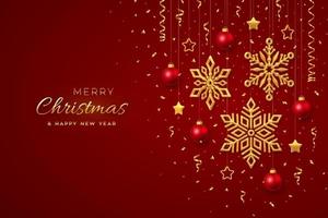 Fondo rojo navideño con bolas y estrellas colgantes de copos de nieve dorados brillantes. feliz navidad tarjeta de felicitación. cartel de vacaciones de navidad y año nuevo, banner web. ilustración vectorial.