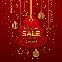 Christmas and New Year sale price tag. Realistic red tag hanging on gold rope. Discount label with golden stars, balls, confetti. Xmas banner, advertising, marketing price tag. Vector illustration.