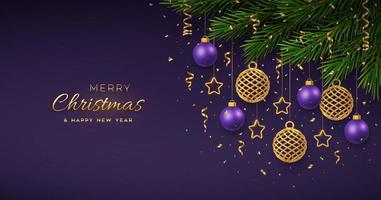 Christmas background with hanging shining golden and purple balls, gold metallic stars, confetti, pine branches. Merry christmas greeting card. Holiday Xmas and New Year poster, cover, banner. Vector. vector