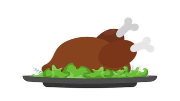 Roasted turkey on a dish with a leaf of salad. Fried chicken. Good for Thanksgiving theme design. Isolated. Vector. vector