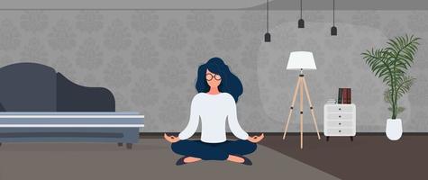 chica con gafas medita en la oficina. el concepto de relajación, meditación, yoga y descanso del trabajo. vector. vector