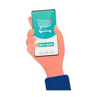 Makes purchases through the app. Shopping cart icon in the online store. Buying goods online. Hands with a phone close-up. Isolated. Vector. vector