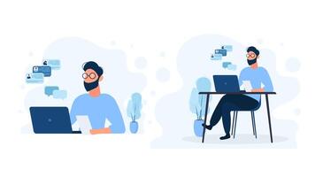 Two illustrations of a man sitting at a desk with a laptop vector