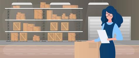 Large warehouse with drawers. Rack with drawers and boxes. A girl with a list of goods in her hands. vector