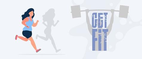 Get Fit banner. Fat girl is running. The shadow of a thin girl. Cardio workout, weight loss. The concept of weight loss and a healthy lifestyle. Vector. vector