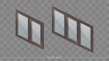 Brown metal-plastic window with transparent glasses in 3D. Modern window in a realistic style. Isometry, vector illustration.