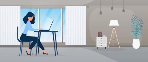 Girl in glasses sits at a table in the office. Girl works on a laptop. The concept of finding people to work, view vacancies and resumes. Vector. vector