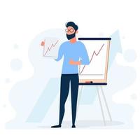 A man shows a presentation. The guy shows a report with positive dynamics. Vector illustration.