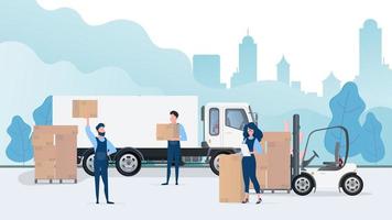 Loading cargo into the car. Movers carry boxes. The concept of moving and delivery. Truck, forklift, loader. Vector. vector