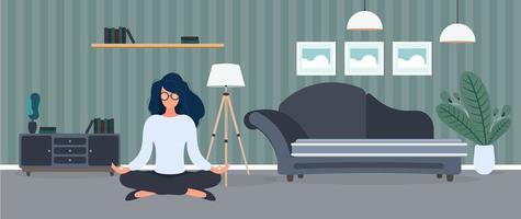 The girl is meditating in the room. The girl practices yoga. Room, sofa, paintings, bookcase. Vector illustration