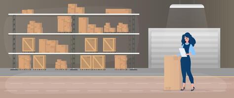 A woman is standing in front of a warehouse with boxes vector
