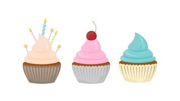 Set of holiday cupcakes. Sweets with cream, muffin, festive dessert, confectionery. Vector flat style.