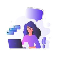 The girl works at a laptop. Flat style. Good for image work, office, hiring staff. Vector illustration.