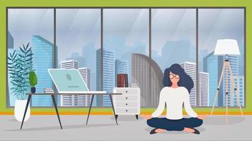 The girl is meditating in the office. The girl practices yoga. Room, office, floor lamp, room growth, table with laptop, workplace. Vector illustration