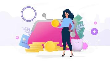 Girls holds a gold coin. Mountain of coins, credit card, dollars. The concept of savings and accumulation of money. Good for presentations and business-related articles. vector