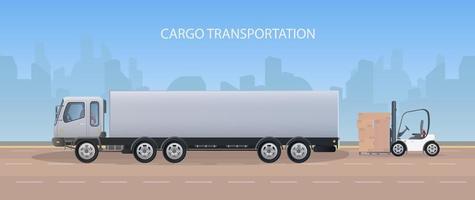 Freight banner. Big white truck. The concept of transportation, delivery and logistics of goods. Vector. vector