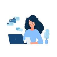 The girl works at a laptop. Flat style. Good for image work, office, hiring staff. Vector illustration.